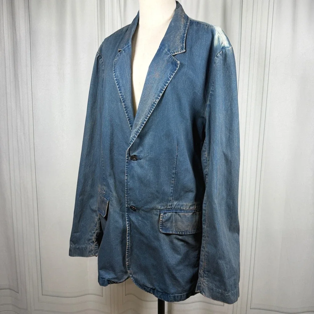 Vintage GAP Denim Blazer Jacket L Dirty Wash Y2K 2000s 100% Cotton Flap Pockets